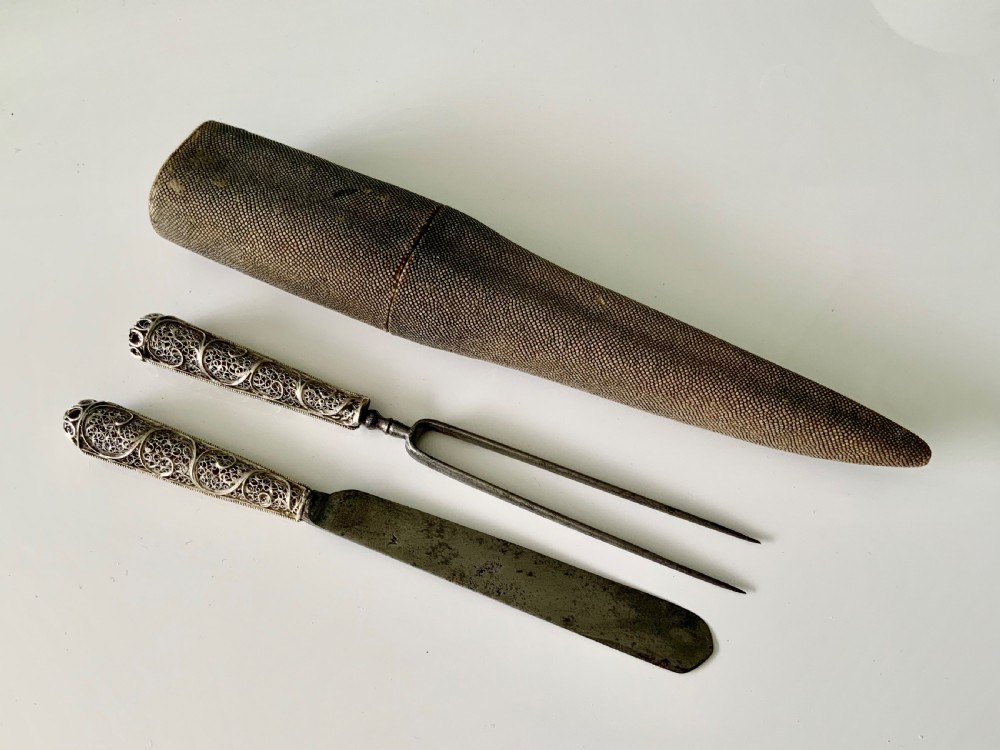 Rare late 17th century silver filigree knife & fork set in original shagreen case
