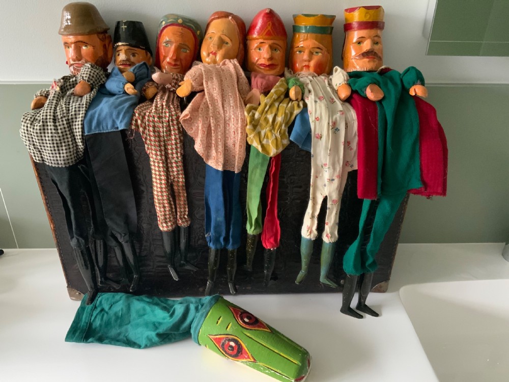 Punch & Judy group of 7 wooden puppets plus crocodile