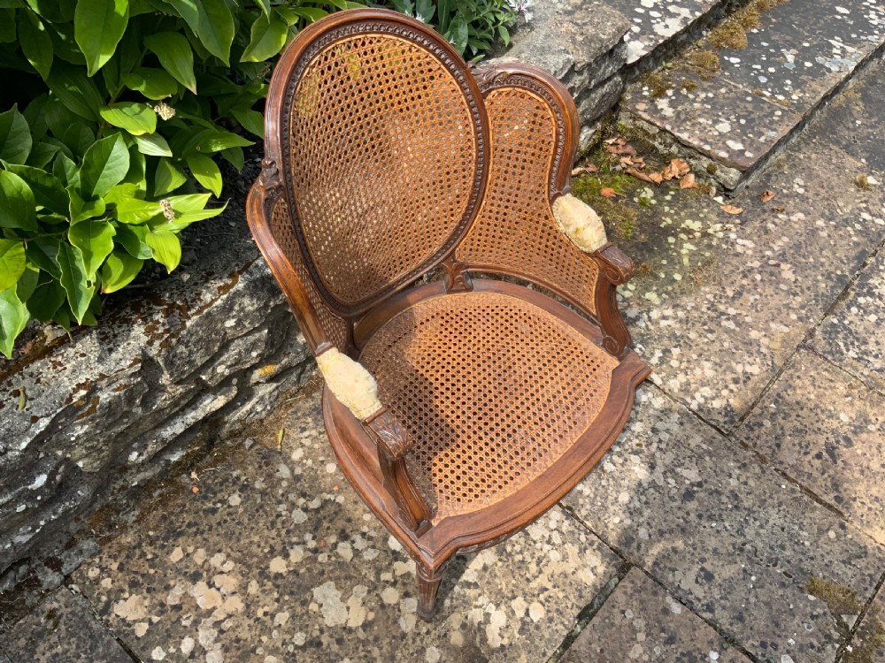 A 19th-century childs bergere chair crafted from carved brown wood with woven rattan cane panels on the oval back, sides, and seat. View II
