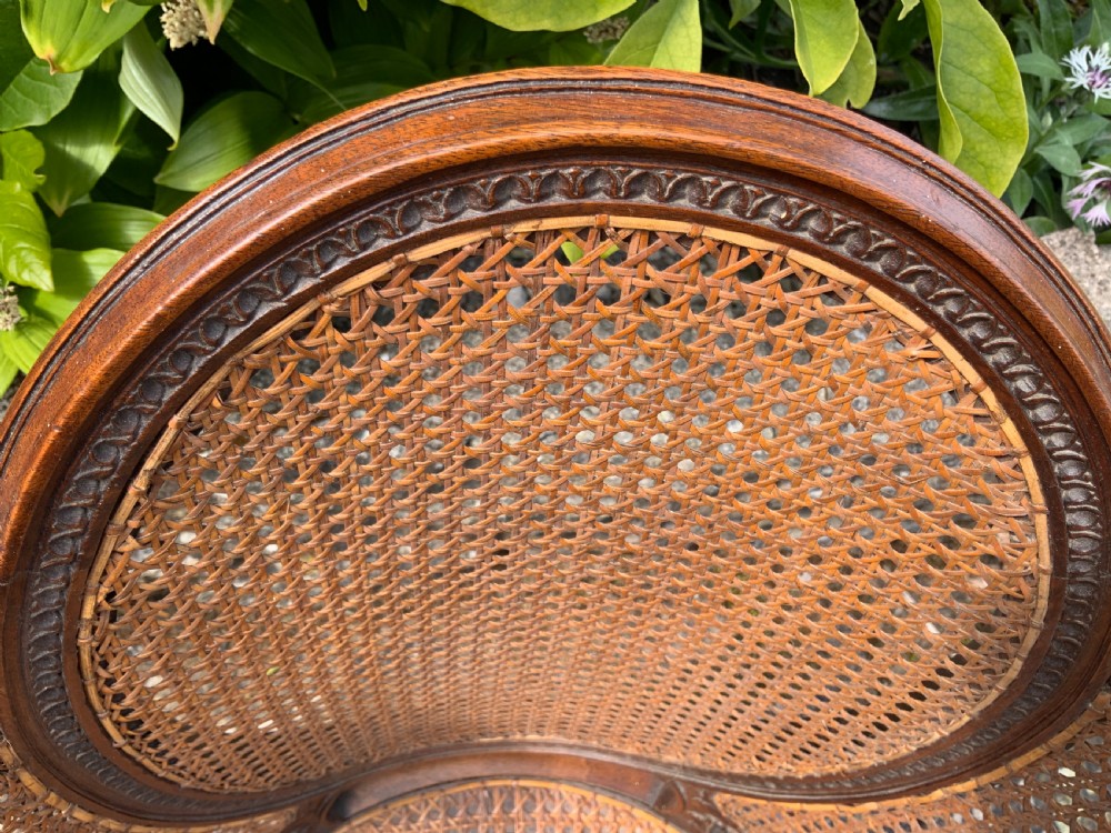 A 19th-century childs bergere chair crafted from carved brown wood with woven rattan cane panels on the oval back, sides, and seat. View IV