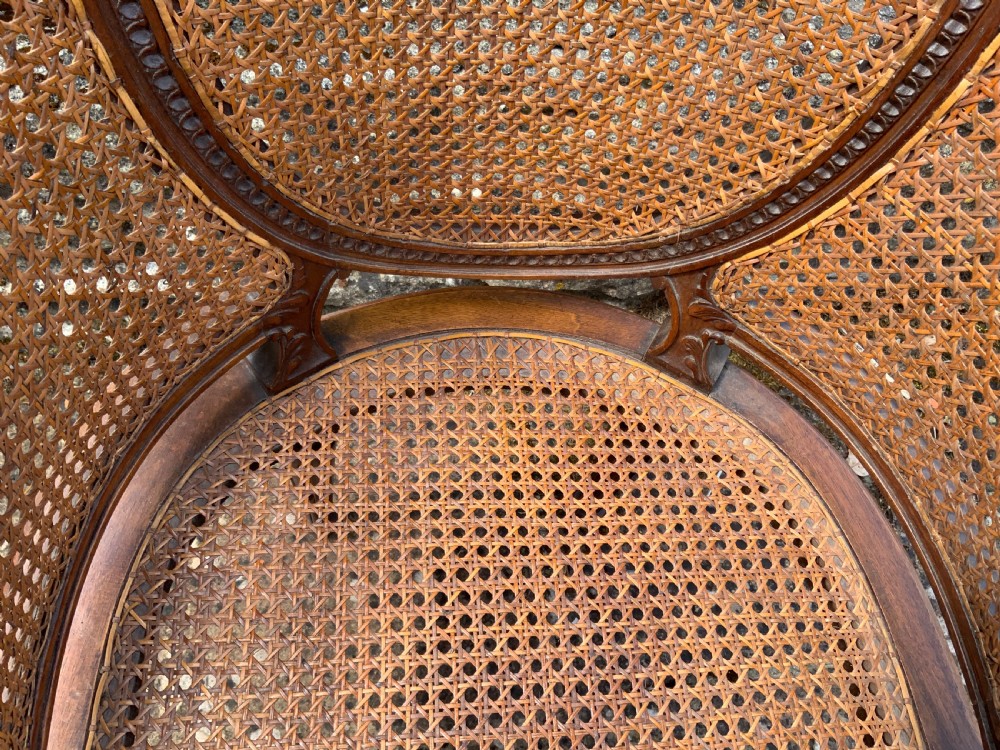 A 19th-century childs bergere chair crafted from carved brown wood with woven rattan cane panels on the oval back, sides, and seat. View V