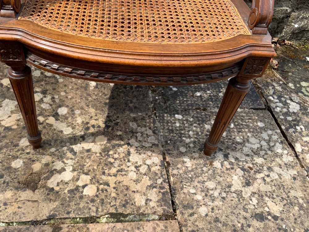 A 19th-century childs bergere chair crafted from carved brown wood with woven rattan cane panels on the oval back, sides, and seat. View IX