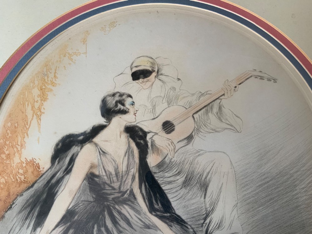 A circular Art Deco lithograph by Jean Hardy depicting a seated woman and a masked guitar player, mounted inside a square gilded frame. View II
