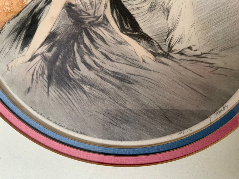 A circular Art Deco lithograph by Jean Hardy depicting a seated woman and a masked guitar player, mounted inside a square gilded frame. View III