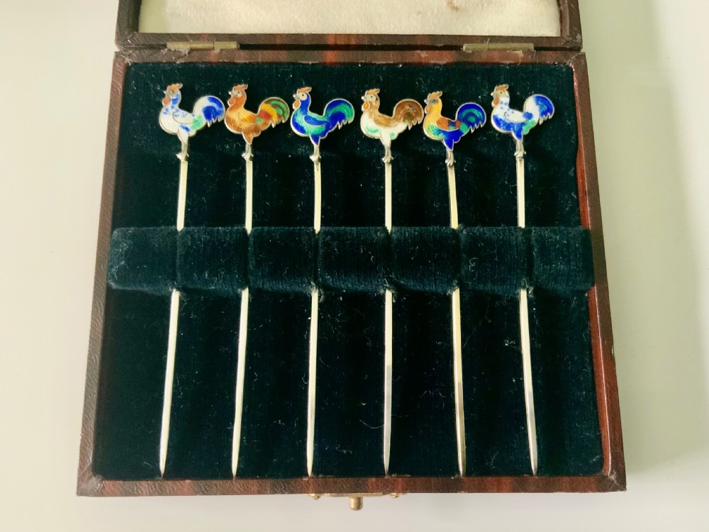 Silver & enamel cocktail sticks - original box
