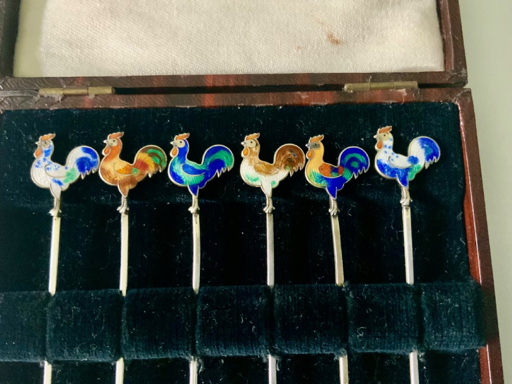 Silver & enamel cocktail sticks - original box View II