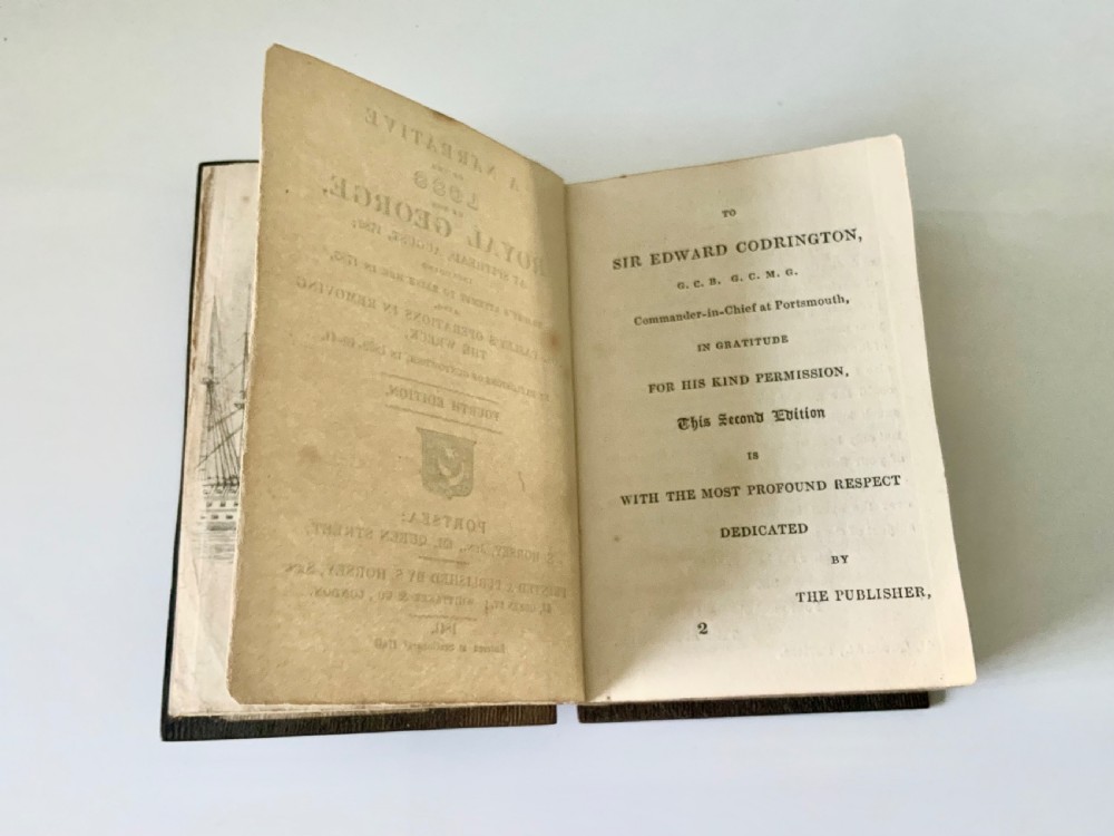 An open nineteenth-century book showing an engraved frontispiece illustration of a ship sinking on the left and a printed title page titled A Narrative of the Loss of the Royal George on the right. View IV