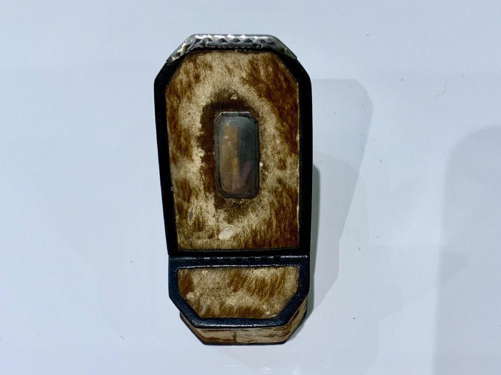 An 18th-century octagonal-ended snuff box covered in brown and white pony skin with dark borders and a central silver-coloured metal cartouche. View II