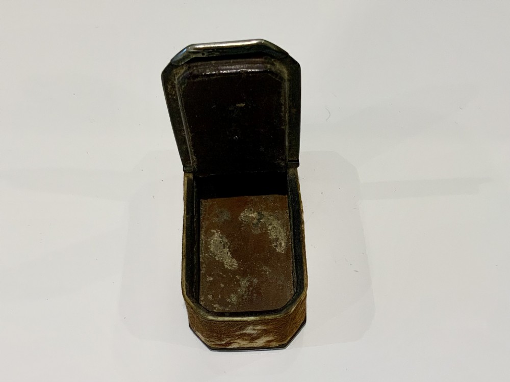 An 18th-century octagonal-ended snuff box covered in brown and white pony skin with dark borders and a central silver-coloured metal cartouche. View IV