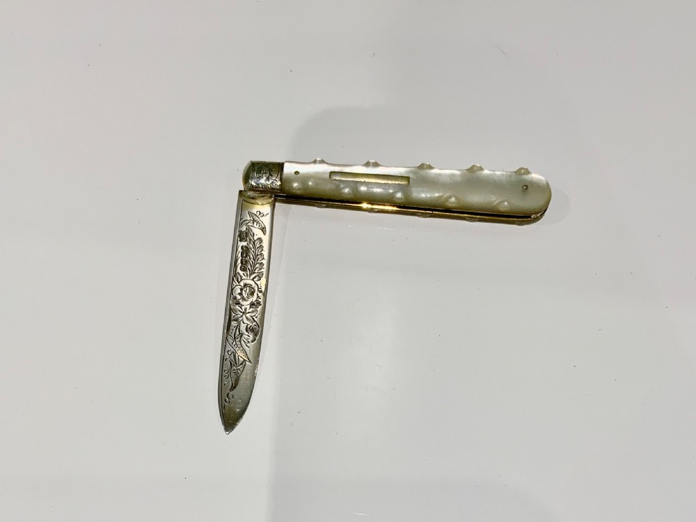 A Victorian folding fruit knife with an engraved sterling silver blade bearing official British hallmarks and a carved mother-of-pearl handle. View IV