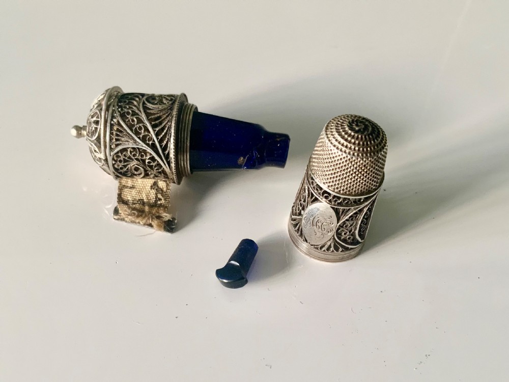 Georgian silver filigree thimble, scent bottle, tape measure combination View III