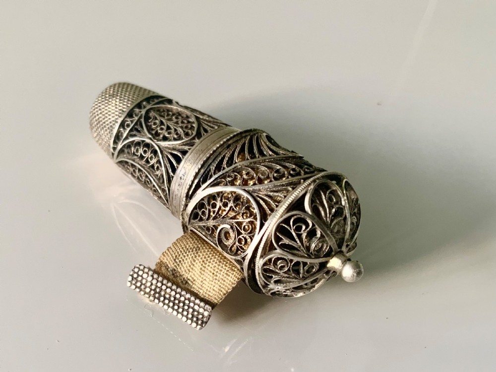 Georgian silver filigree thimble, scent bottle, tape measure combination View IV