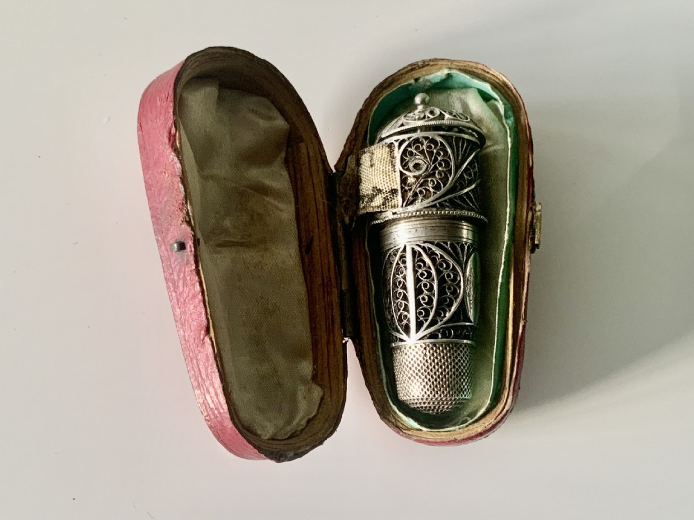 Georgian silver filigree thimble, scent bottle, tape measure combination View X