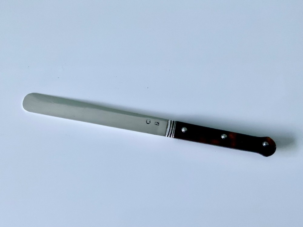 A Georgian silver tongue depressor with a flat hallmarked blade and a dark mottled tortoiseshell handle secured with three silver rivets.