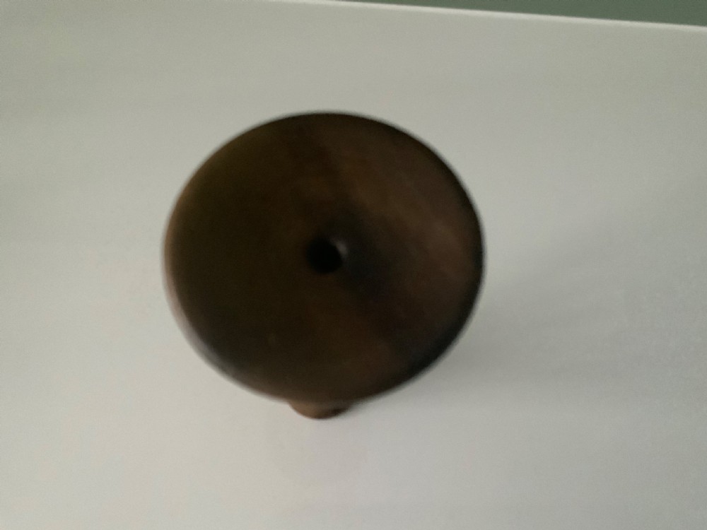 A 19th-century turned wooden monaural stethoscope with a slender stem and flared acoustic bell displayed upright. View IV