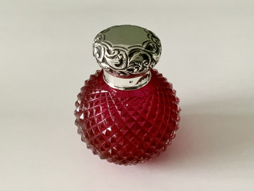 Victorian silver topped cranberry glass perfume scent bottle