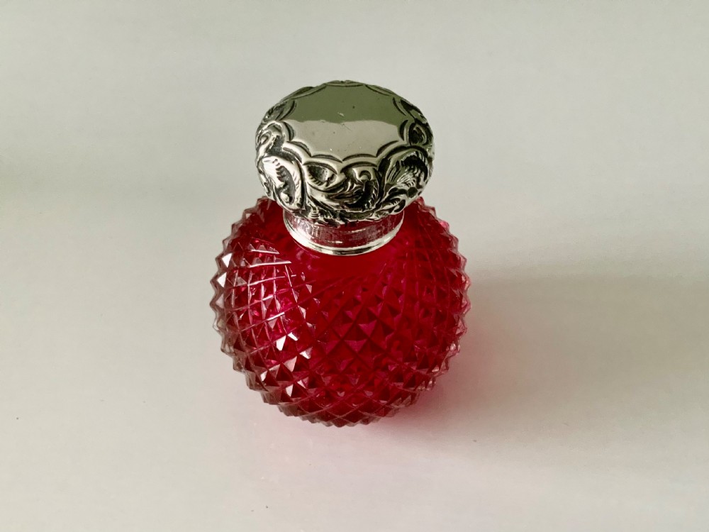 Victorian silver topped cranberry glass perfume scent bottle View II