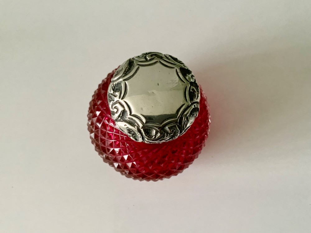 Victorian silver topped cranberry glass perfume scent bottle View III