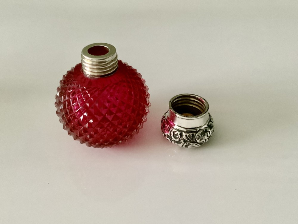 Victorian silver topped cranberry glass perfume scent bottle View V