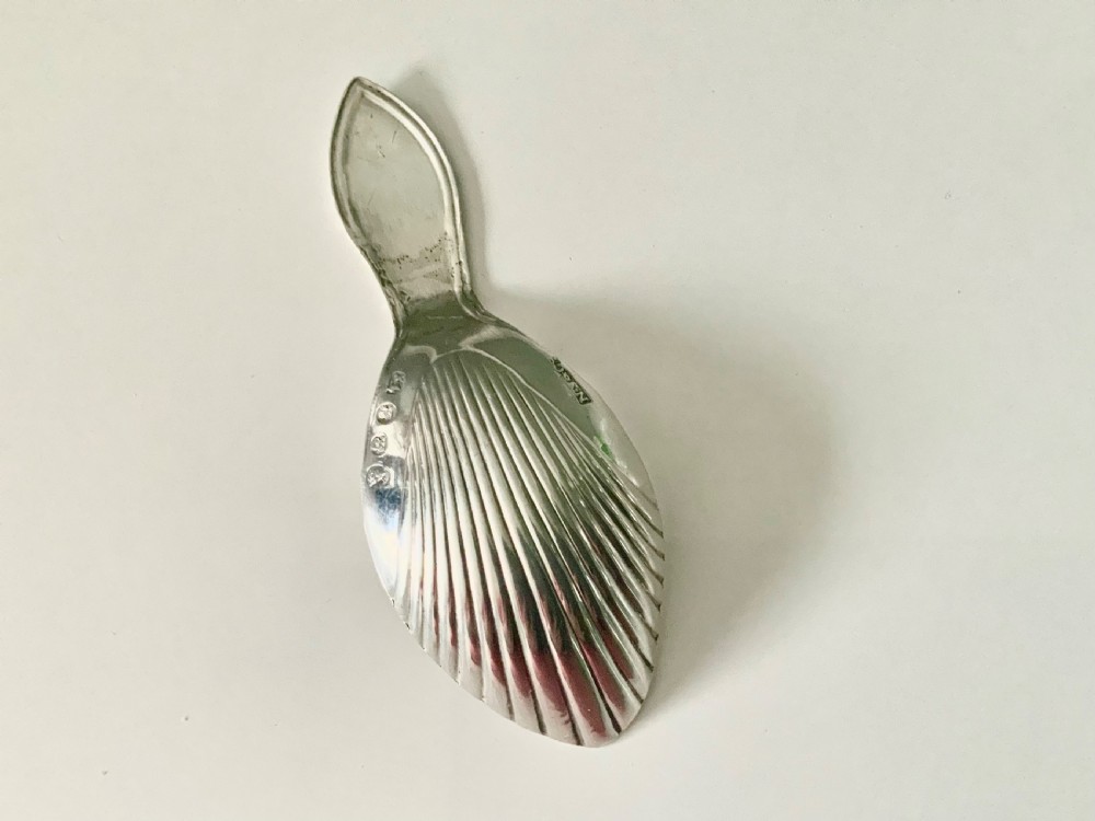 A Georgian sterling silver caddy spoon featuring a fluted shell bowl and a hallmarked handle. View III