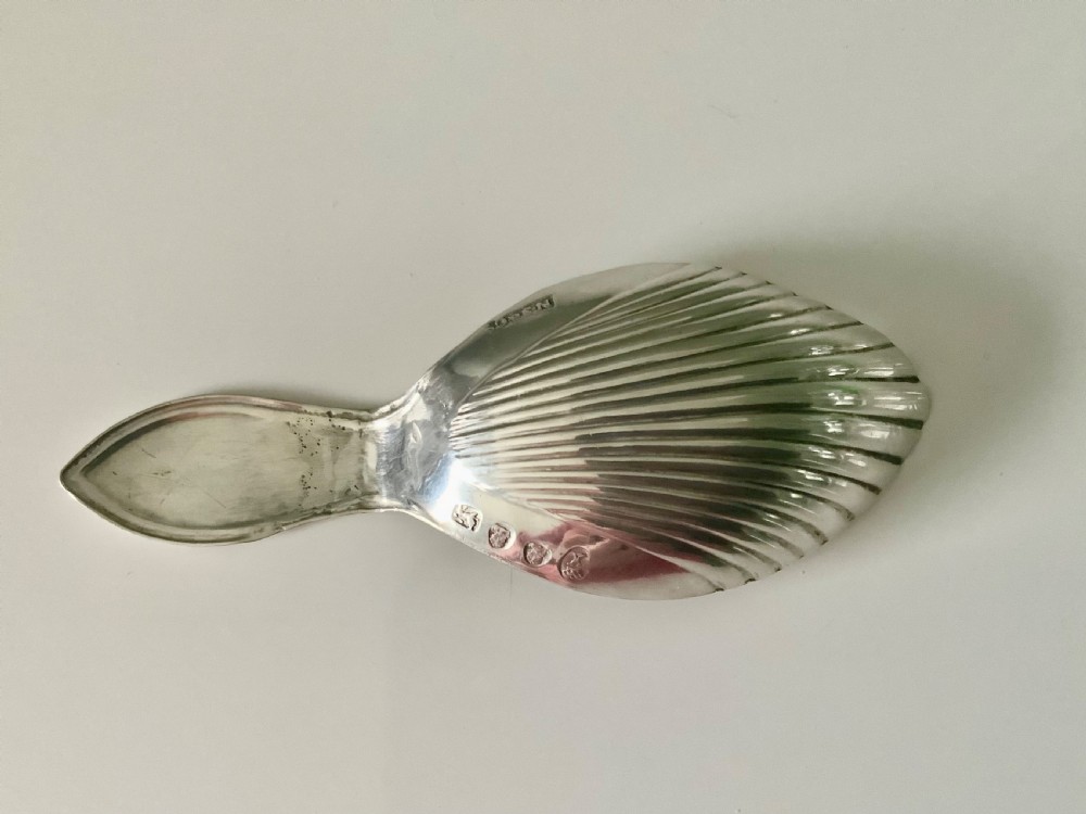 A Georgian sterling silver caddy spoon featuring a fluted shell bowl and a hallmarked handle. View IV