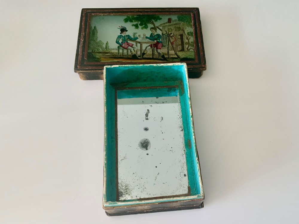 An early 19th-century rectangular French dragee box featuring a hand-coloured printed tavern scene set beneath a glass lid. View II