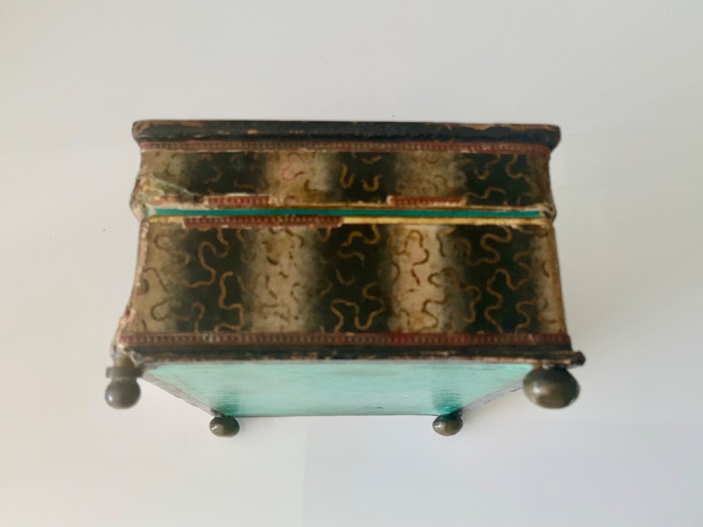An early 19th-century rectangular French dragee box featuring a hand-coloured printed tavern scene set beneath a glass lid. View IV