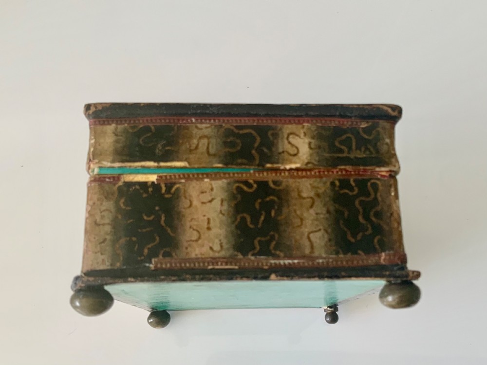 An early 19th-century rectangular French dragee box featuring a hand-coloured printed tavern scene set beneath a glass lid. View VI