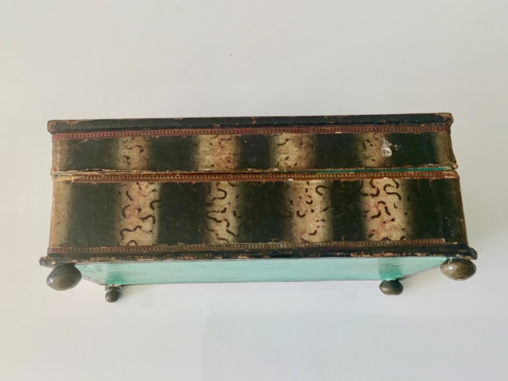An early 19th-century rectangular French dragee box featuring a hand-coloured printed tavern scene set beneath a glass lid. View VII