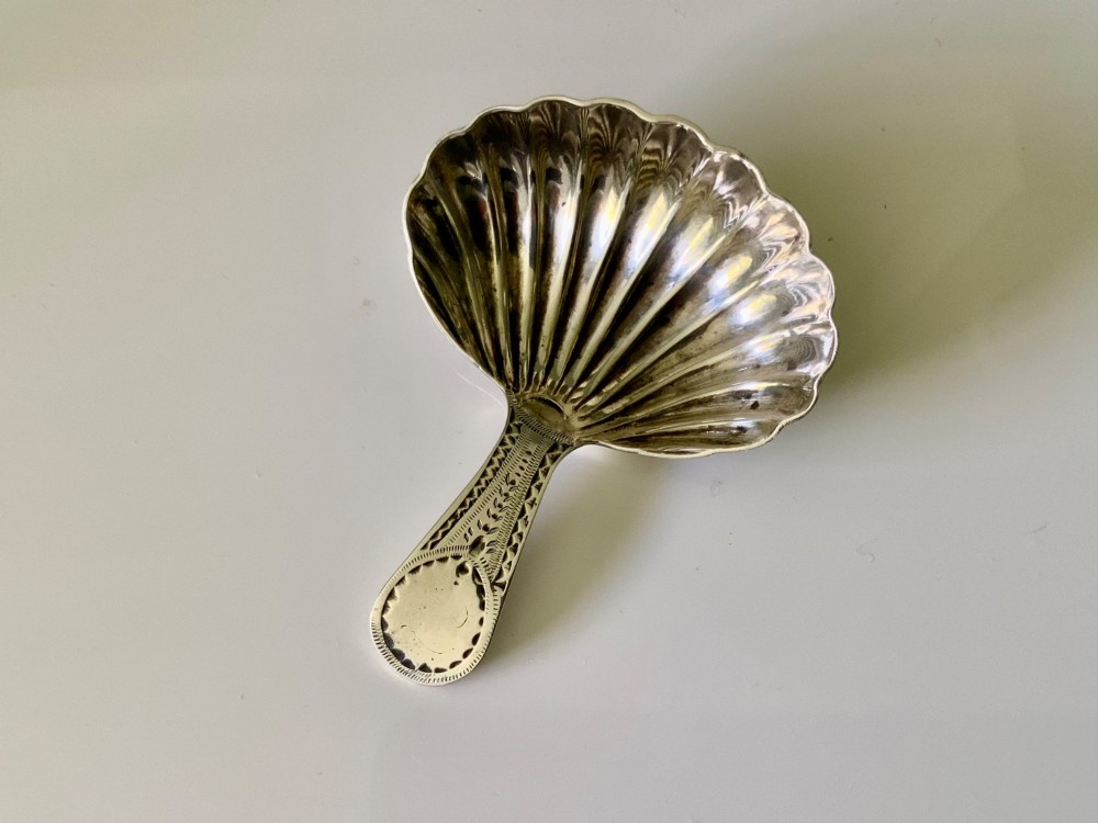 A Georgian sterling silver caddy spoon with a fluted shell-shaped bowl and a short bright-cut engraved handle.