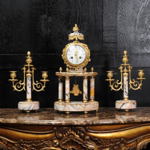 Louis Japy Ormolu and Marble Portico Clock Set