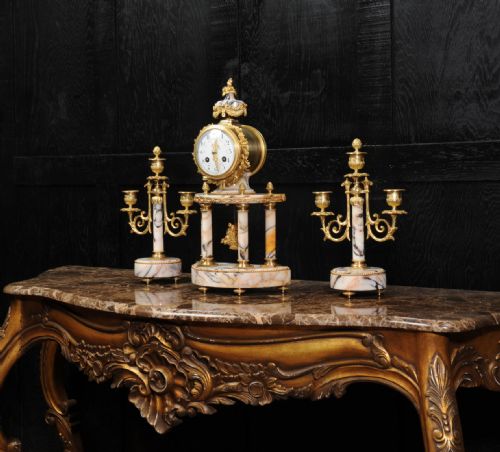 fig 4. Louis Japy Ormolu and Marble Portico Clock Set