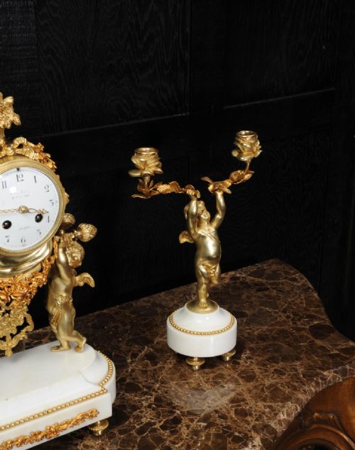 GILT BRONZE AND MARBLE CHERUB CLOCK SET WITH VISIBLE PENDULUM ANTIQUE FRENCH - ADDITIONAL PHOTO 19