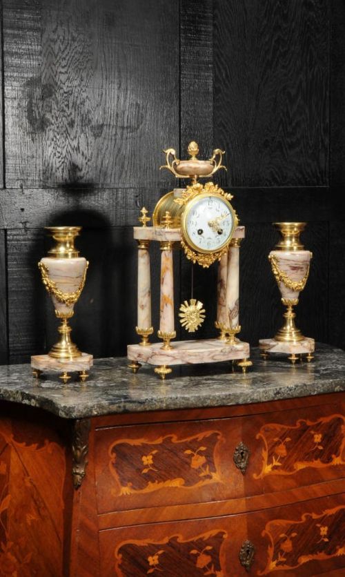 Antique French Louis Xvi Marble and Ormolu Portico Clock Set
