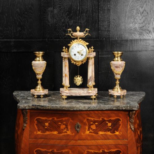 fig 1. Antique French Louis XVI Marble and Ormolu Portico Clock Set