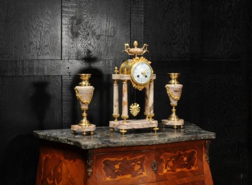 fig 3. Antique French Louis XVI Marble and Ormolu Portico Clock Set