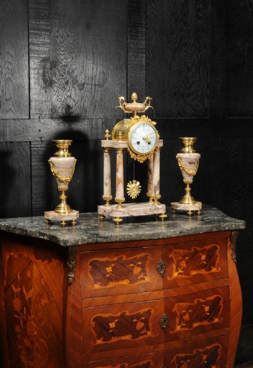 fig 6. Antique French Louis XVI Marble and Ormolu Portico Clock Set