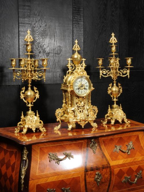 Antique French Gilt Bronze Baroque Clock Set