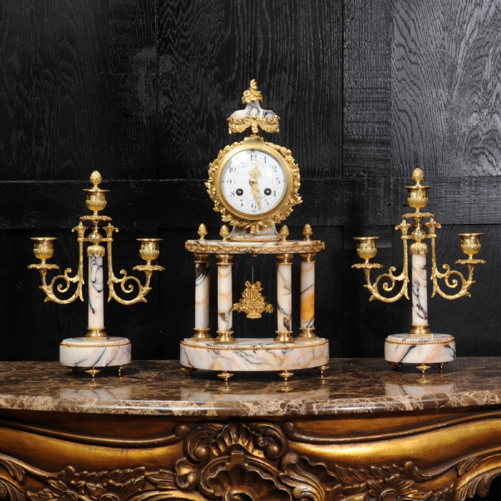 Louis Japy Ormolu and Marble Portico Clock Set
