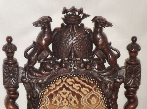 CARVED OAK CHAIR WITH SCOTTISH FAMILY COAT OF ARMS WITH GREYHOUNDS CIRCA 1890 - ADDITIONAL PHOTO 6