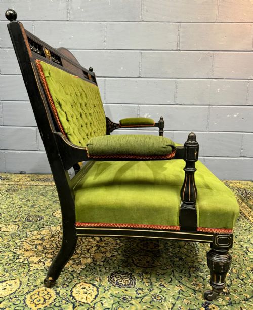 RARE JAS JAMES SHOOLBRED ANTIQUE EBONISED AESTHETIC PERIOD SOFA 2 CHAIRS SALON SUITE C1880 - ADDITIONAL PHOTO 3