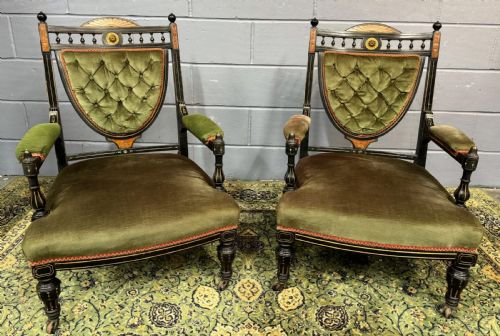 RARE JAS JAMES SHOOLBRED ANTIQUE EBONISED AESTHETIC PERIOD SOFA 2 CHAIRS SALON SUITE C1880 - ADDITIONAL PHOTO 10