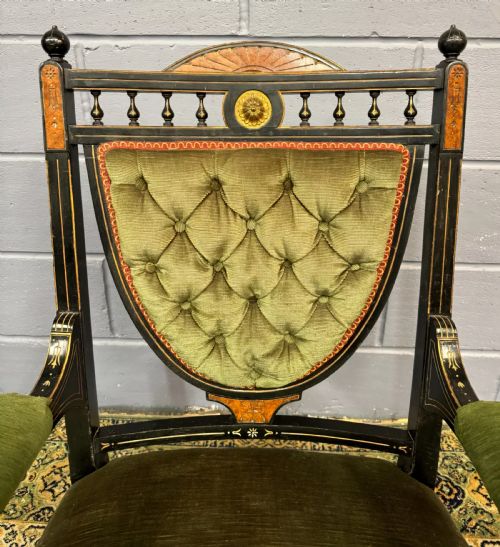 RARE JAS JAMES SHOOLBRED ANTIQUE EBONISED AESTHETIC PERIOD SOFA 2 CHAIRS SALON SUITE C1880 - ADDITIONAL PHOTO 12