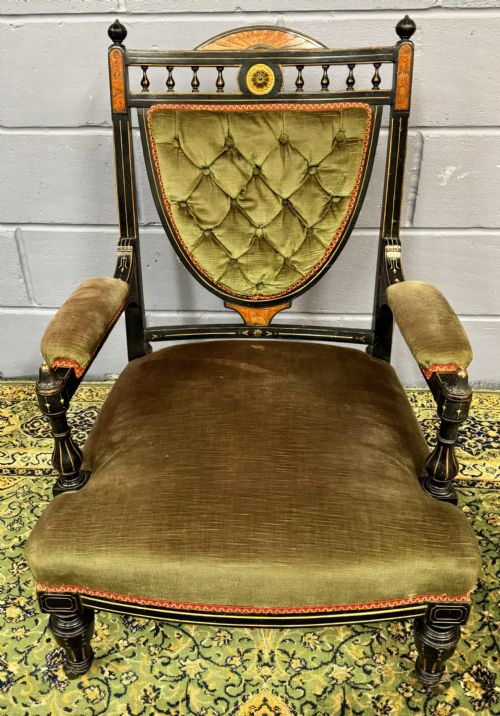 RARE JAS JAMES SHOOLBRED ANTIQUE EBONISED AESTHETIC PERIOD SOFA 2 CHAIRS SALON SUITE C1880 - ADDITIONAL PHOTO 15