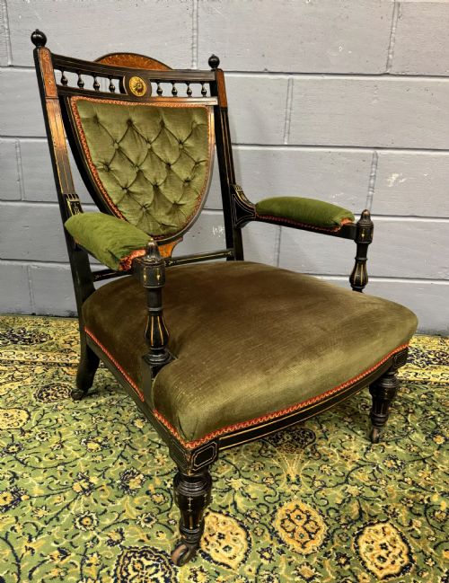 RARE JAS JAMES SHOOLBRED ANTIQUE EBONISED AESTHETIC PERIOD SOFA 2 CHAIRS SALON SUITE C1880 - ADDITIONAL PHOTO 11