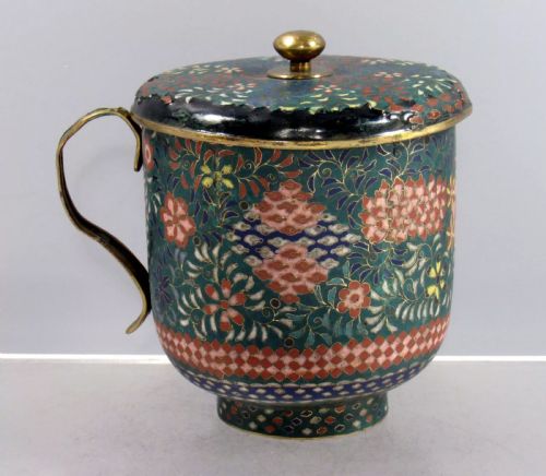 JAPANESE CLOISONNE ENAMEL CUP MUG WITH LID LATE EDO PERIOD C1860 - ADDITIONAL PHOTO 1