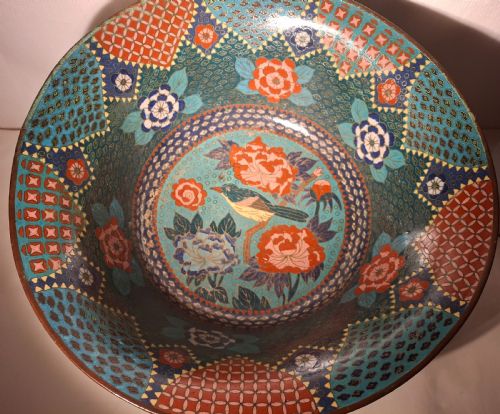 LARGE RARE JAPANESE CLOISONNE ENAMEL BOWL WITH SMALL BIRD DECORATION CIRCA 1890 - ADDITIONAL PHOTO 10