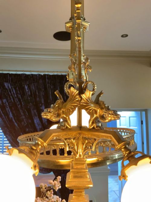 HUGE GOTHIC ARTS AND CRAFTS VICTORIAN BRASS CHANDELIER CIRCA 1880 - ADDITIONAL PHOTO 7