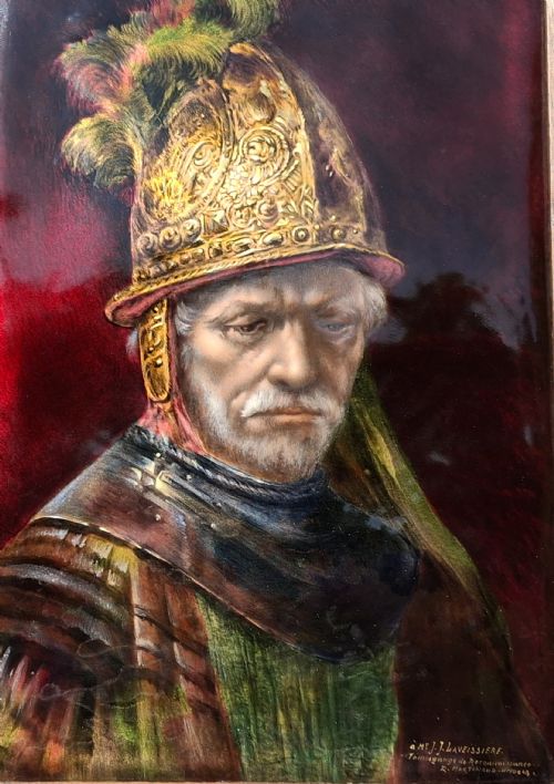 LARGE ENAMEL PAINTING ON COPPER L'HOMME AU CASQUE D' OR LIMOGES CIRCA 1920 - ADDITIONAL PHOTO 4
