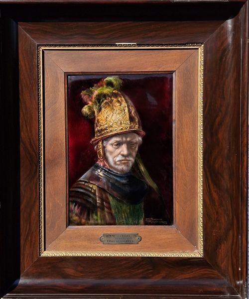LARGE ENAMEL PAINTING ON COPPER L'HOMME AU CASQUE D' OR LIMOGES CIRCA 1920 - ADDITIONAL PHOTO 5